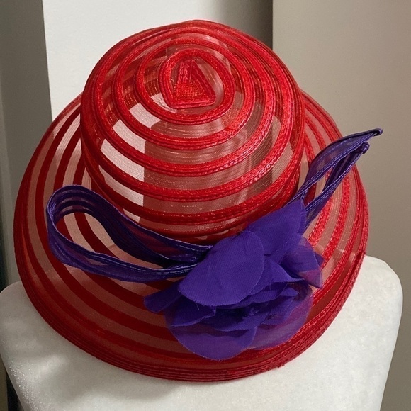 Red Hat Society Derby Purple Silk Flower Mesh Ribbon Vacation Party Holiday - Picture 7 of 15